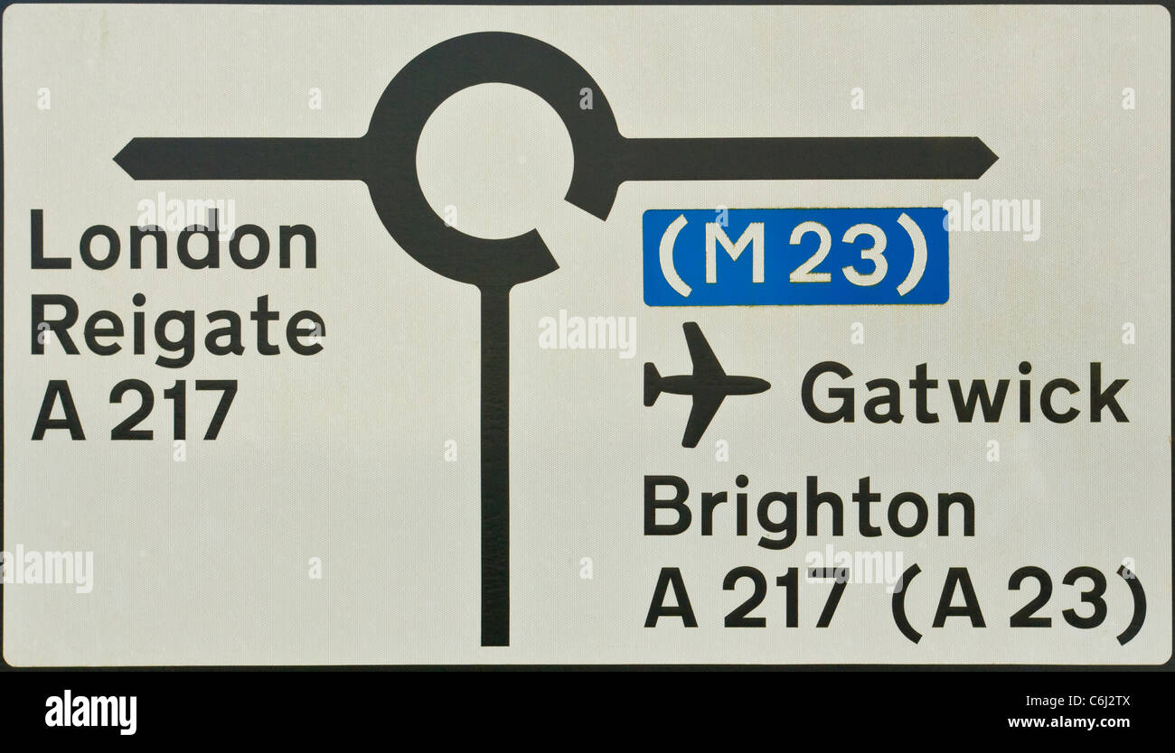 Roundabout Road Sign For London Reigate Gatwick Brighton UK Road Traffic Signs Stock Photo