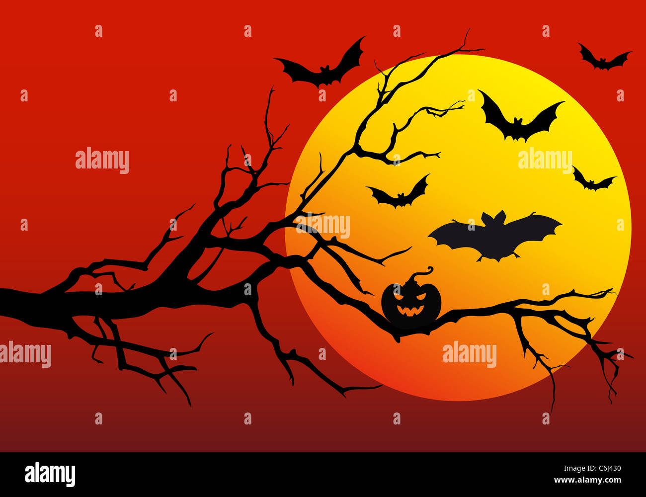 halloween background with tree, moon and flying bats Stock Photo