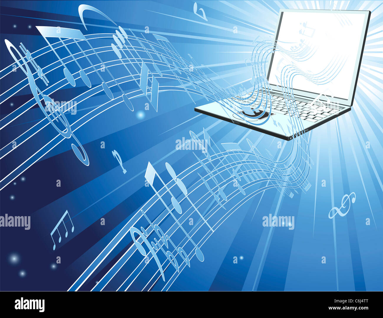 Blue laptop computer music background with musical notes streaming out