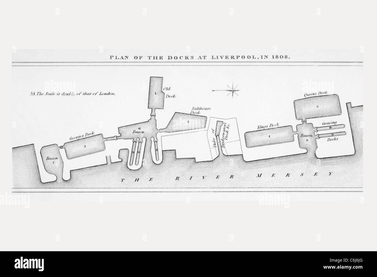 Plan of Liverpool docks as they were in 1808. Stock Photo