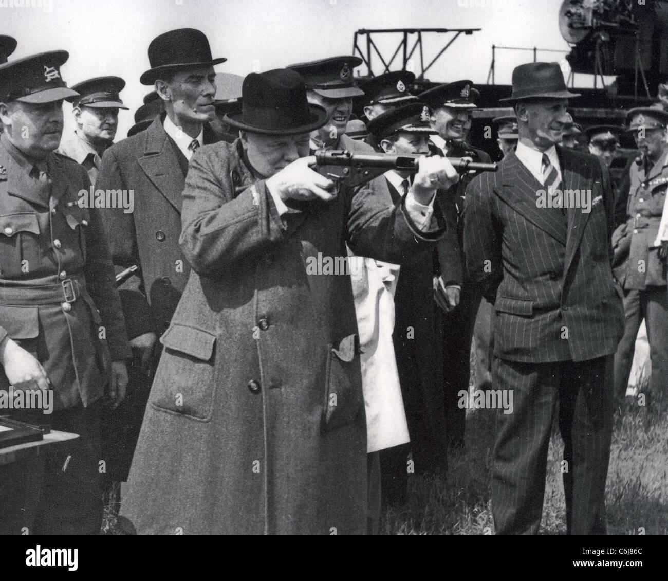 WINSTON CHURCHILL with a Sten Mk II at  Shoeburyness army range  on 13 June 1941 - nb it should not be fired in this position ! Stock Photo