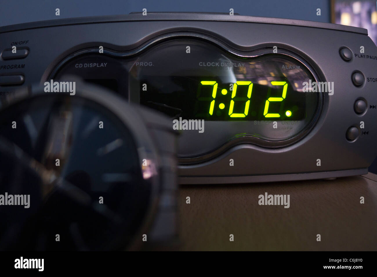 Alarm Clock Radio Showing The Time 7 02 Am Stock Photo Alamy