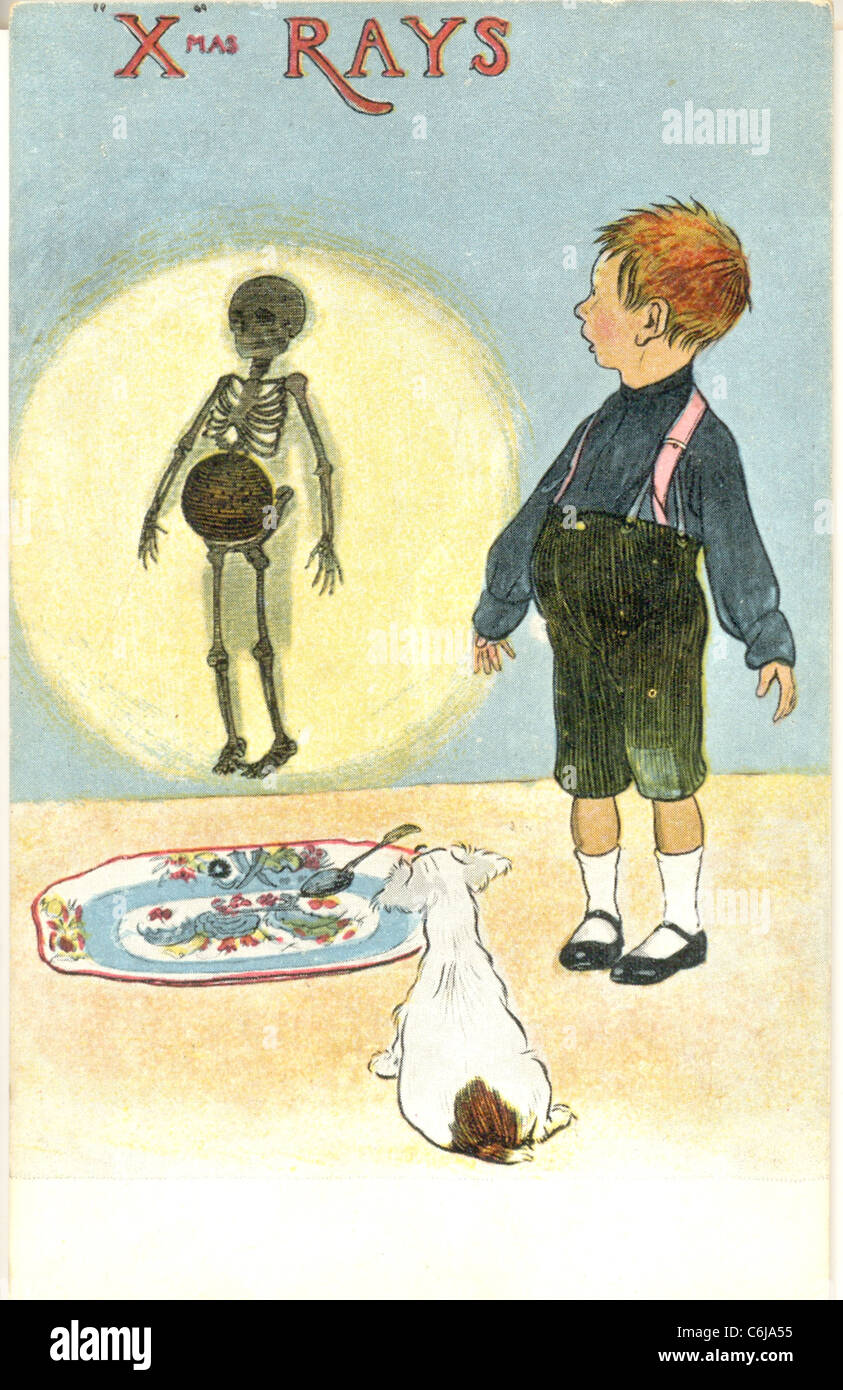 Comic Edwardian Christmas postcard with X ray giving away the whereabouts of the missing pudding as a pun Xmas Rays Stock Photo