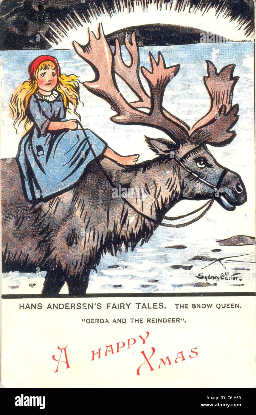 Postcard of Gerda and the Reindeer from Hans Andersen's The Snow Queen Stock Photo