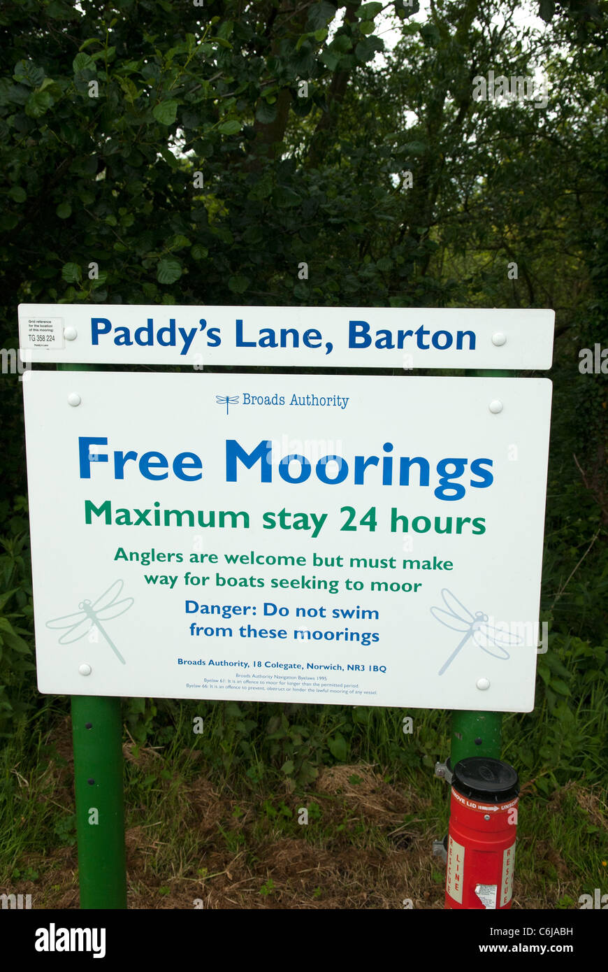 Moorings sign at Paddy's Lane, Barton Broad, Norfolk, England. Stock Photo