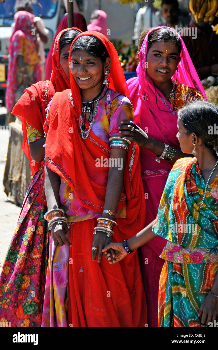 Pretty tribal girls in market Aravalli Hills Rajasthan India Stock Photo