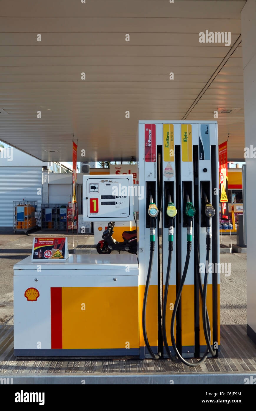 Petrol pump at Shell petrol station in Copenhagen - on the corner of Hellerupvej and Lyngbyvej in Hellerup Stock Photo