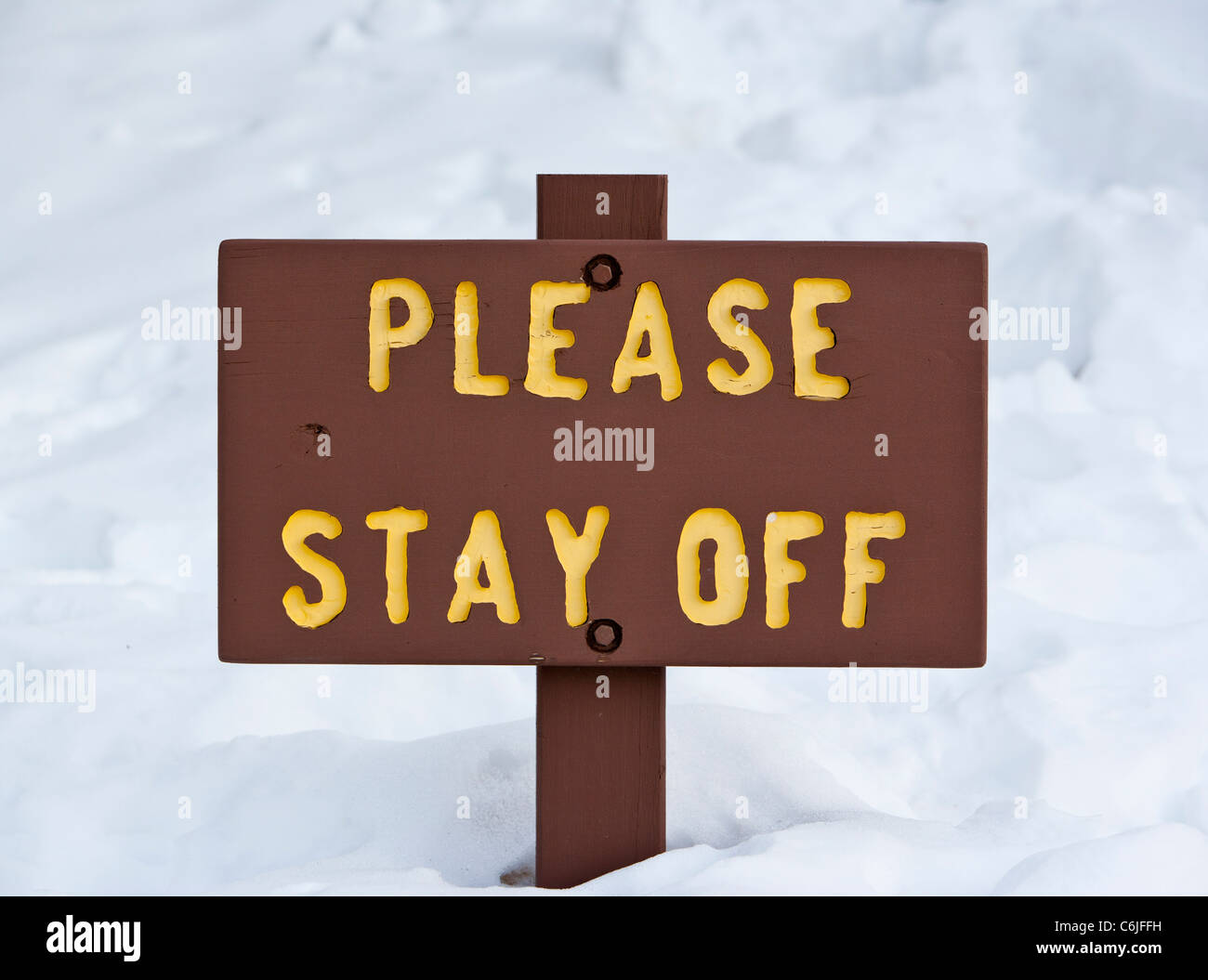Please stay off sign stuck in snow, Grand Canyon, Arizona, USA