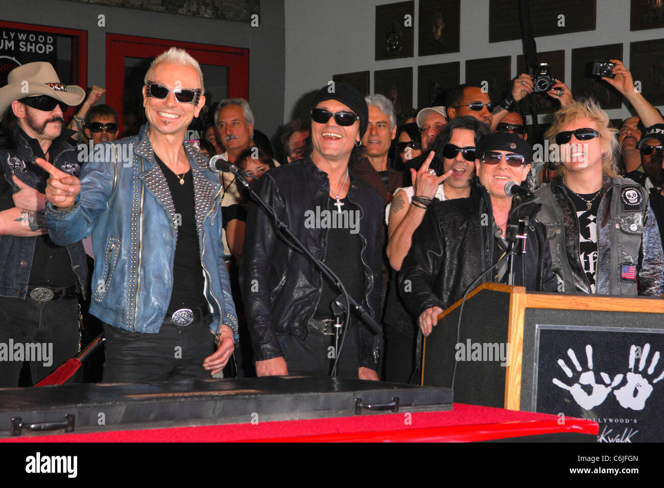 Lemmy Kilmister, Pawel Maciwoda, Rudolf Schenker, Klaus Meine, Matthias Jabs and James Kottak The Scorpions are inducted on Stock Photo