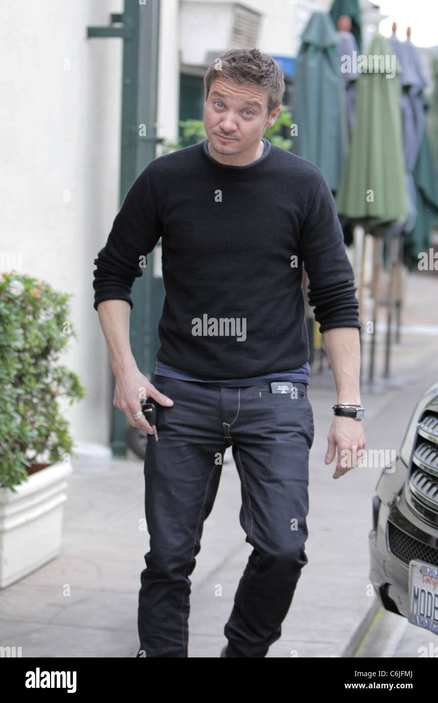 Jeremy Renner seen leaving Cafe Med after having lunch. Renner will compete  for the Best Actor Oscar for his performance in Stock Photo - Alamy