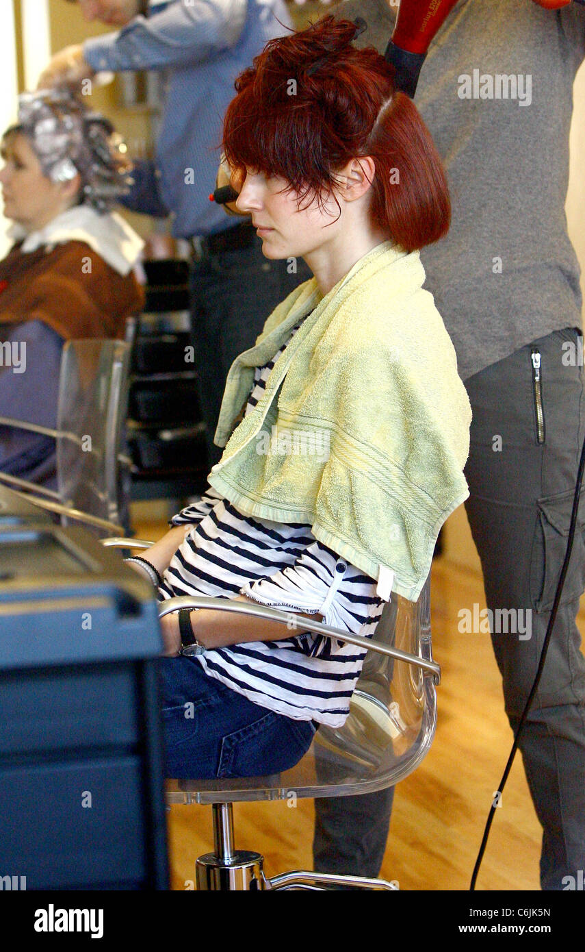 Emma Ferguson the wife of Mark Owen, gets her hair done at Camerini