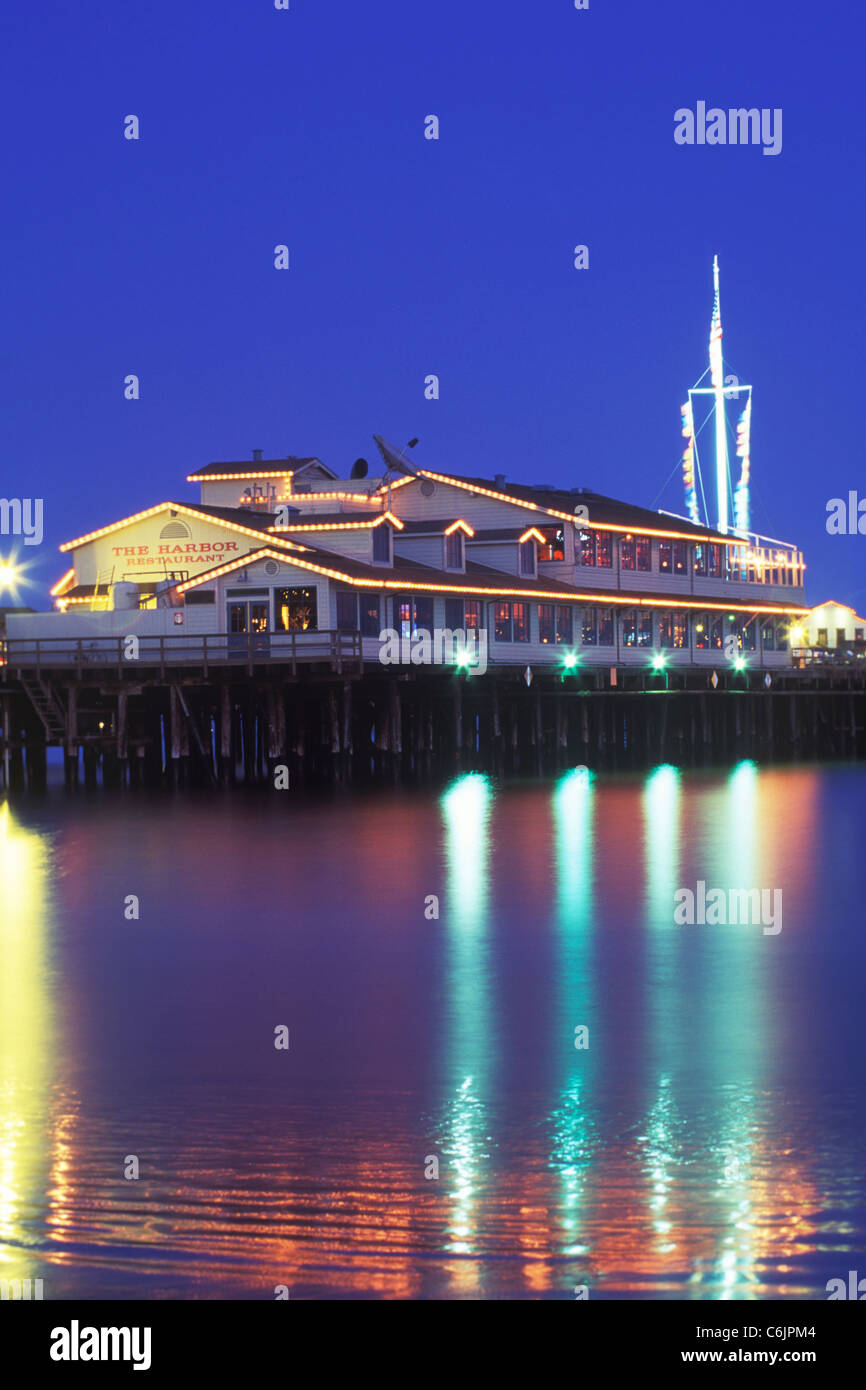 Harbor Restaurant on Stearn's Wharf at sunset, Santa Barbara, California, United States of America Stock Photo