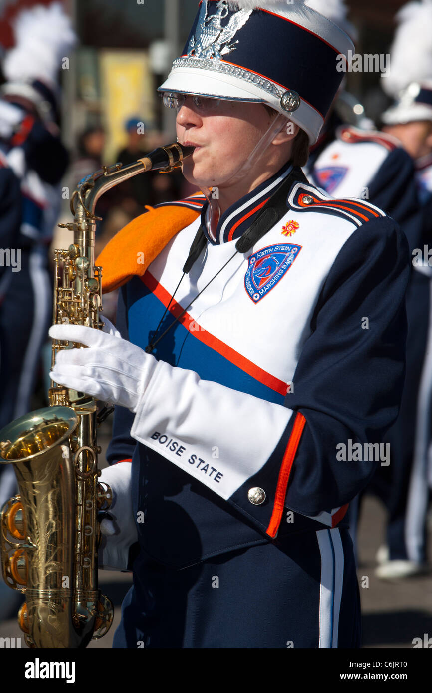 Marching band saxophone player at the Fiesta Bowl Parade, Phoenix
