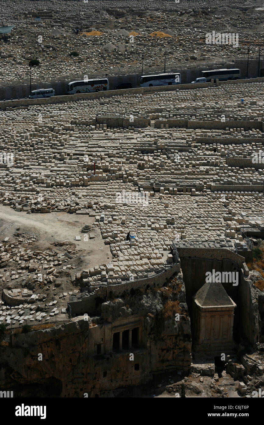 The Jewish cemetery on the Mount of Olives with the Tomb of Benei Hezir like also the Tomb of Zachariah in the Kidron valley. Stock Photo