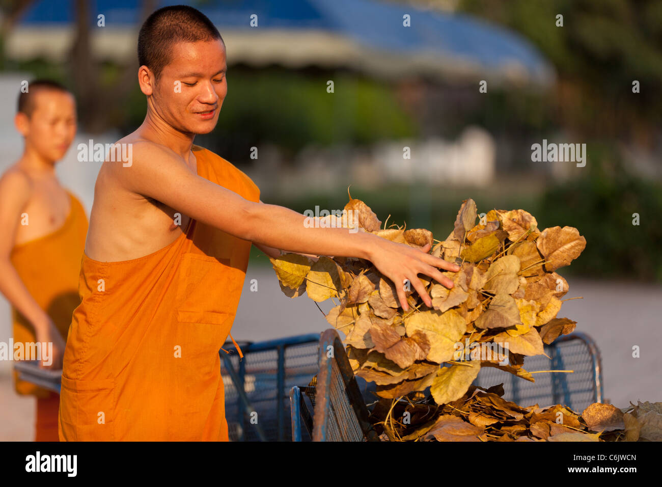 thai buddhist monks sweeping dry leaves in temple square, chiang mai, thailand Stock Photo