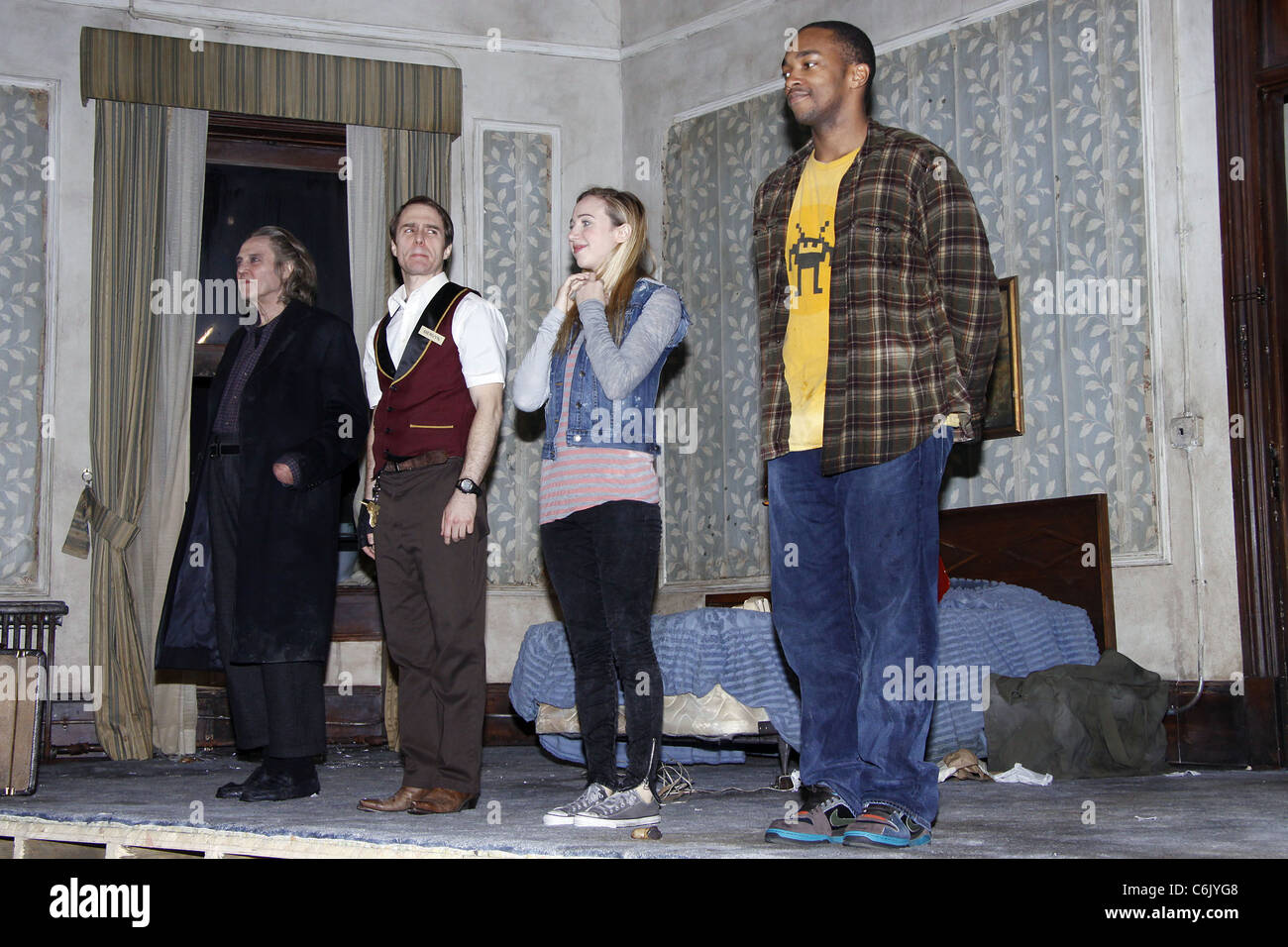 Christopher Walken, Sam Rockwell, Zoe Kazan, and Anthony Mackie on stage during the opening night curtain call for their Stock Photo