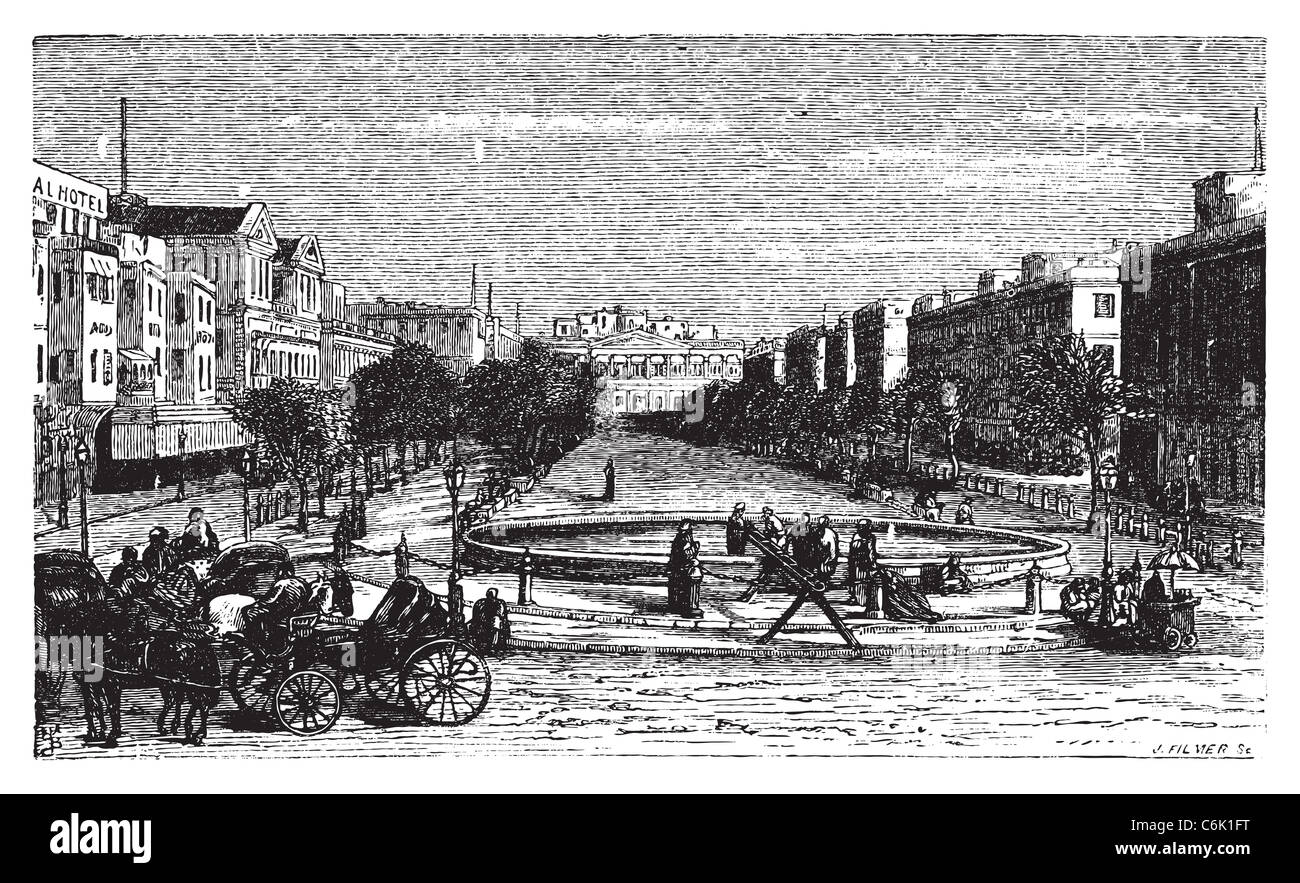 Tahrir Square (formerly Mohammed Ali Square and Place des Consuls), in Alexandria, Egypt. Scenic engraving. Stock Photo