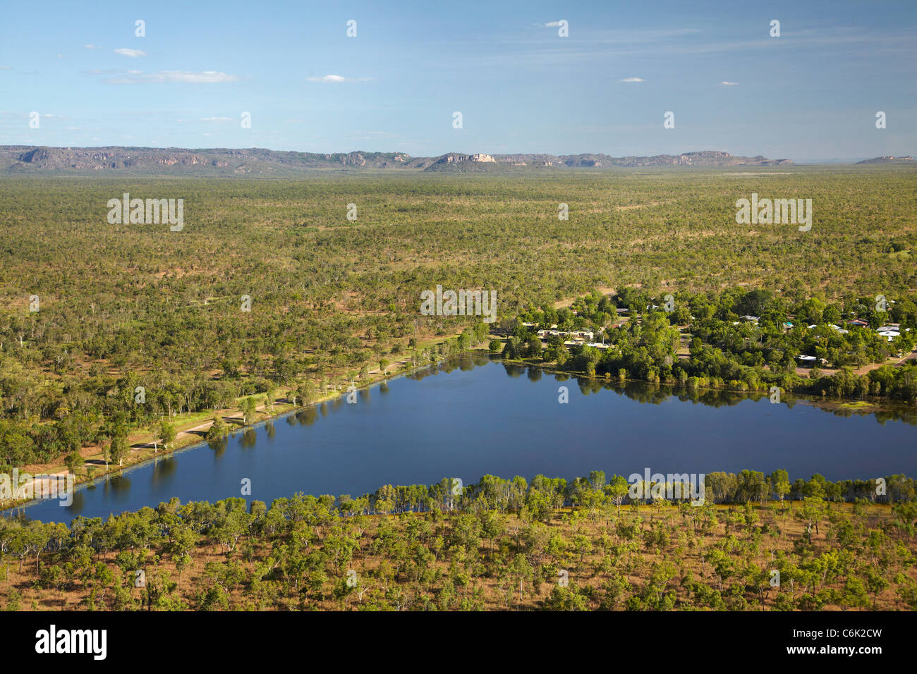 Retention Pond, Ranger Uranium Mine, Kakadu National Park, Northern Territory, Australia - aerial Stock Photo