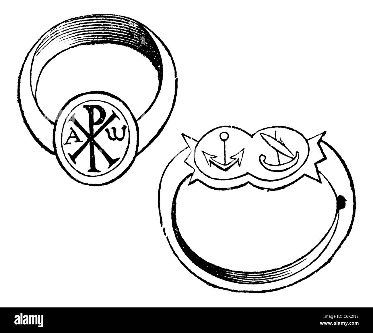 Two christian episcopal rings with symbols vintage engraving. Old engraved illustration of a bishp or archbishop ring. Stock Photo