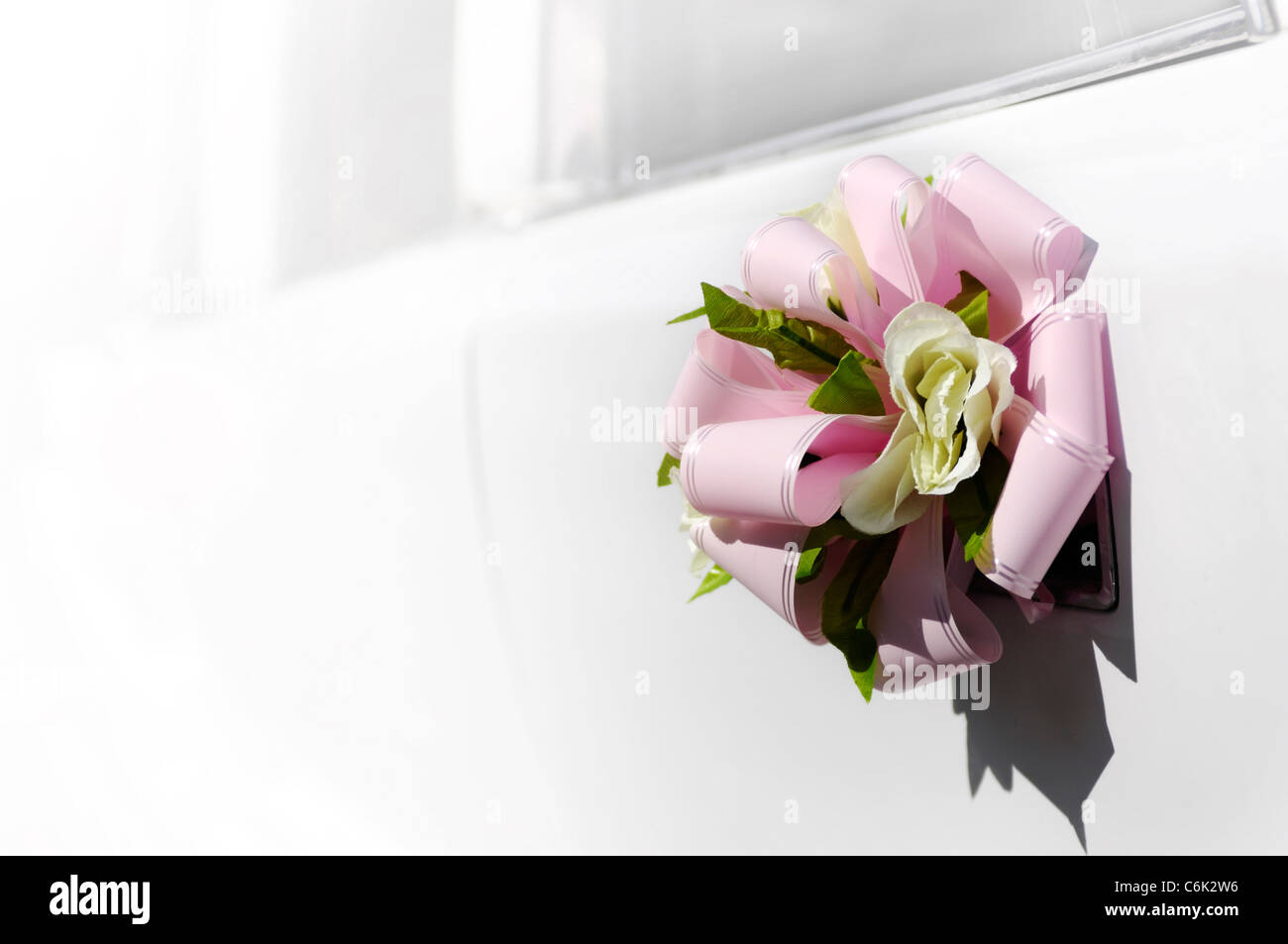 Pink bow on a door handle of a white wedding limousine Stock Photo