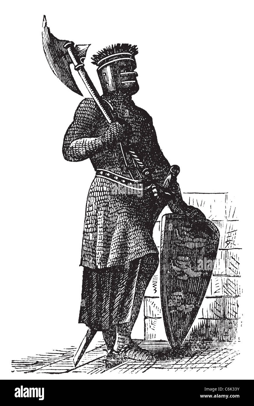 Armor and weapons during the first Crusades era, old engraving. Vector, engraved illustration of Crusade knight, in mail armor. Stock Photo