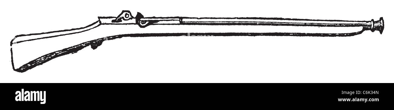 Arquebus ancient firearm old engraving. Old engraved illustration of the Arquebus, isolated against a white background. Stock Photo