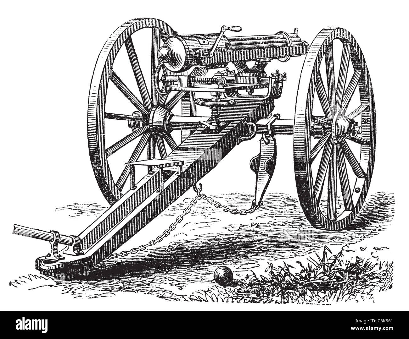Galting gun vintage engraving. Old engraved illustration of a Galting gun. Gatling gun was designed by Dr. Richard J. Gatling. Stock Photo
