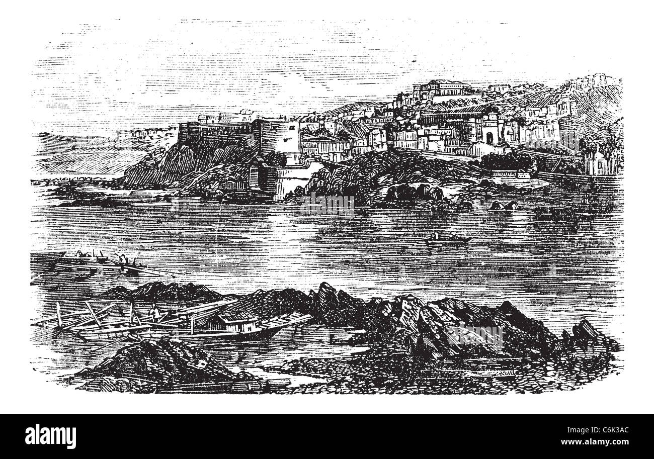 Attock or Campbellpur, Punjab, Pakistan. Vintage engraving. Old engraved illustration of Attock city. Stock Photo