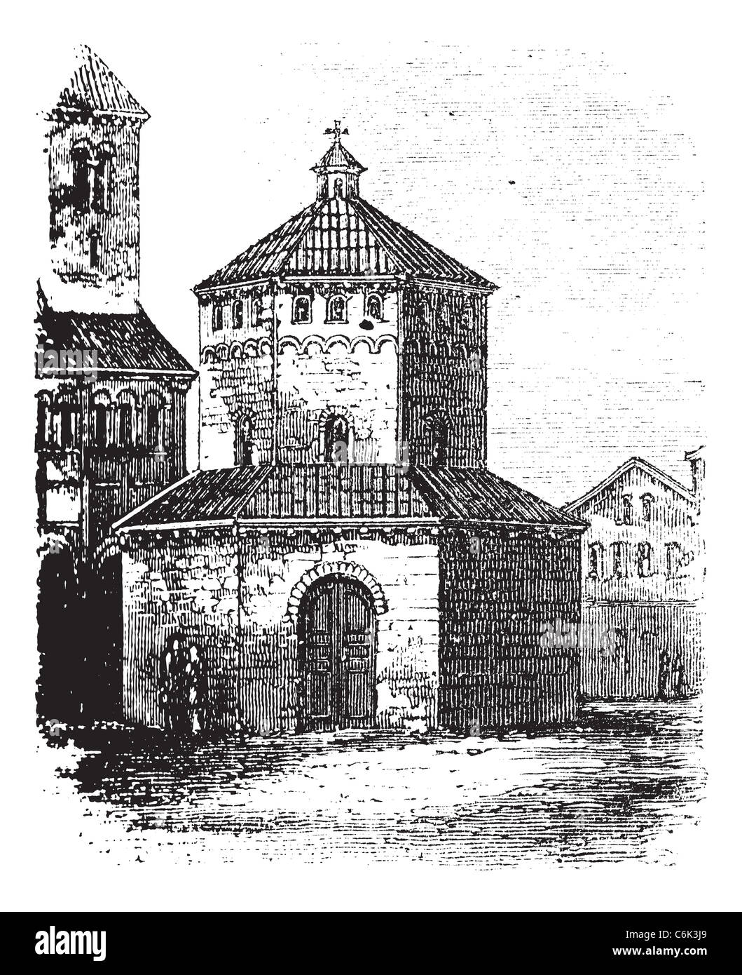 Baptistry of Novara, in Piedmont, during the 1890s, vintage engraving. Old engraved illustration of the Baptistry of Novara. Stock Photo