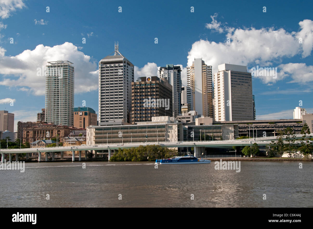 Ferry on the Brisbane River with Brisbane city skyline, Queensland,  Australia Stock Photo