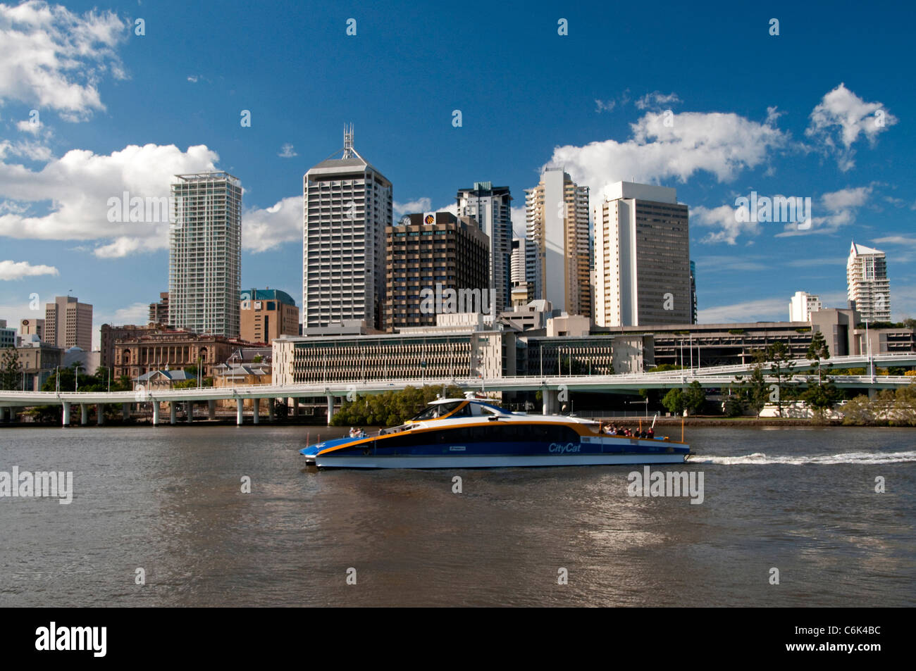 City Cat Ferry on the Brisbane River with Brisbane city skyline, Queensland,  Australia Stock Photo