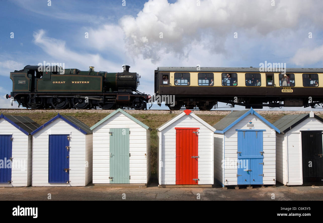 Steam Trains and Beach Huts Stock Photo