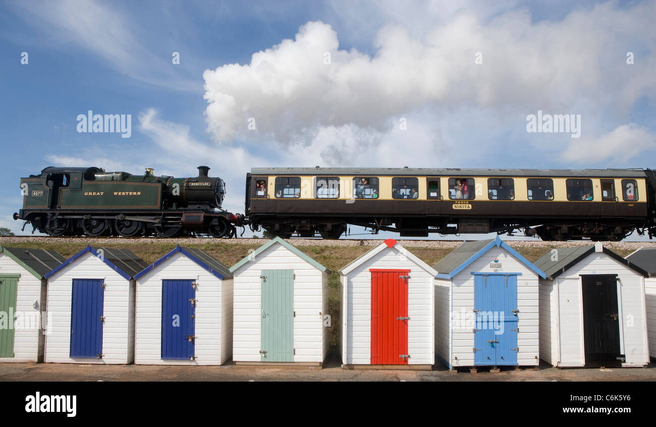 Steam Trains and Beach Huts Stock Photo