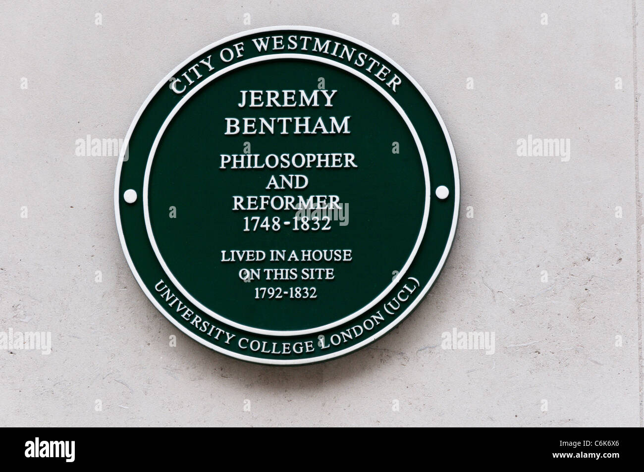 Plaque on the gateway of the Home Office in Queen Anne's Gate, London, marking the site of the house of Jeremy Bentham. Stock Photo