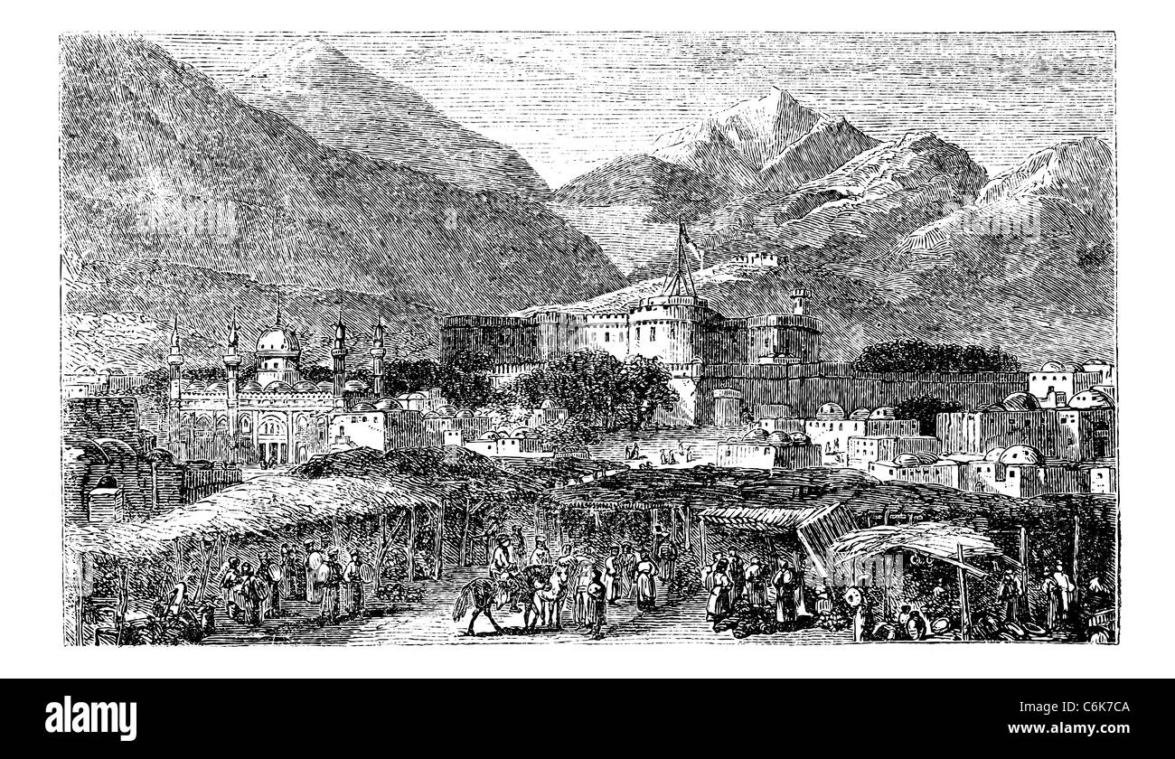 Kandahar capital city of province Afghanistan vintage engraving. Old engraved illustration residential structures in the 1890s Stock Photo