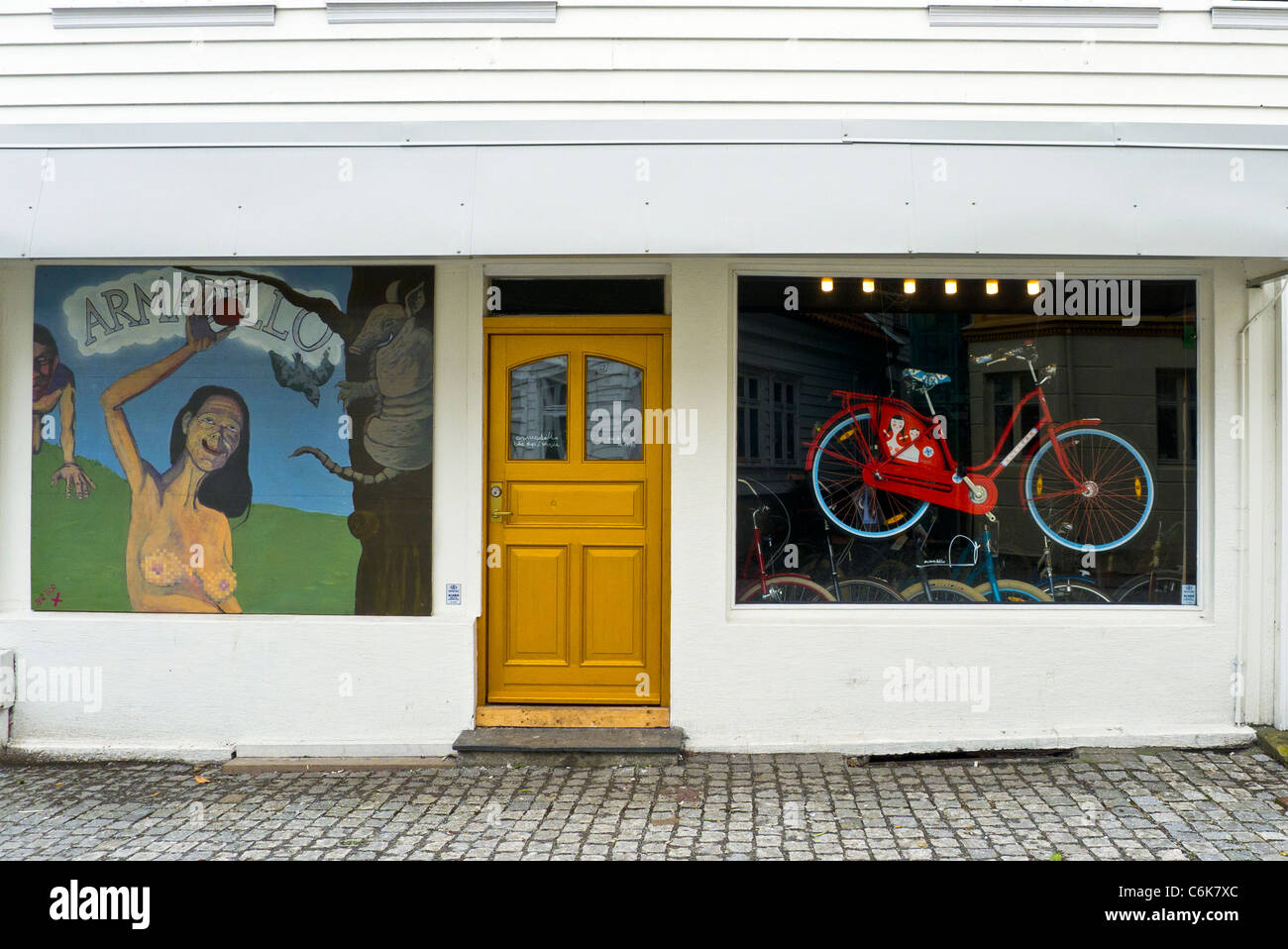 A Cycle shop with an artistic front of shop design, Bergen, Norway Stock Photo