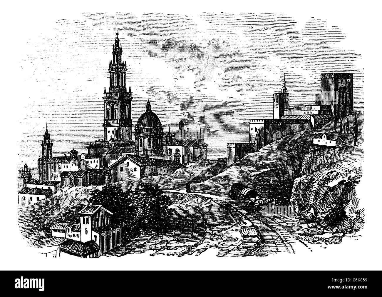 Carmona city, Sevilla, Spain vintage engraving. Old engraved illustration of buildings in Carmona village, in the 1890s. Stock Photo