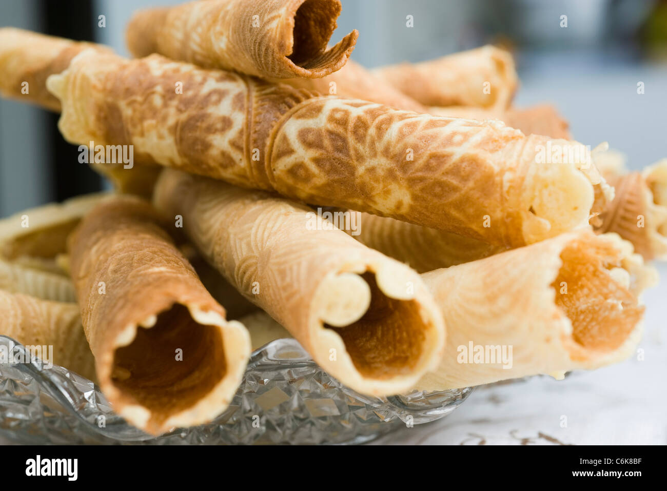 Curled pizzelle waffle cookies Stock Photo