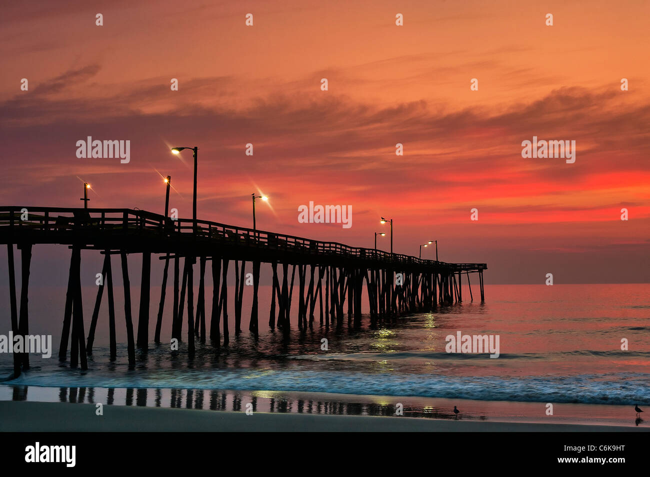Fishing Pier sunrise, Nags Head, Outer Banks, North Carolina Stock