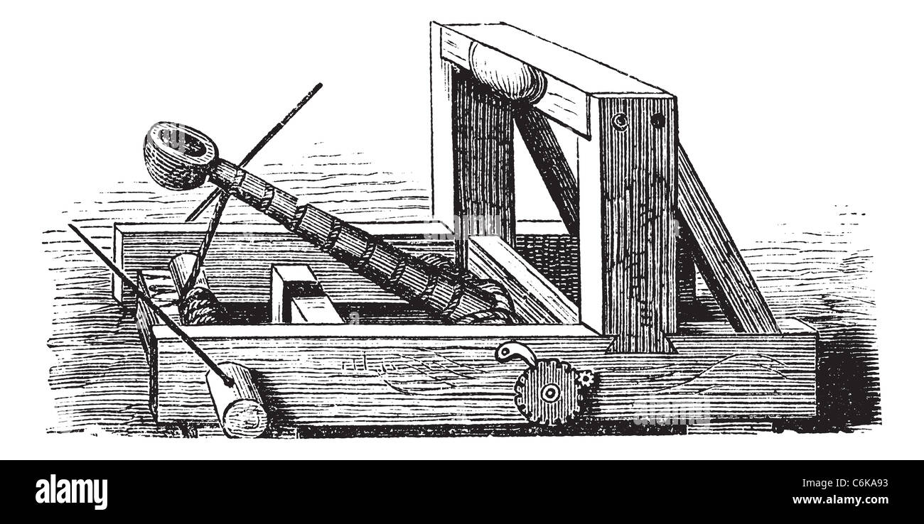 Catapult or Slingshot vintage engraving. Old engraved illustration of a wooden trebuchet catapult. Stock Photo