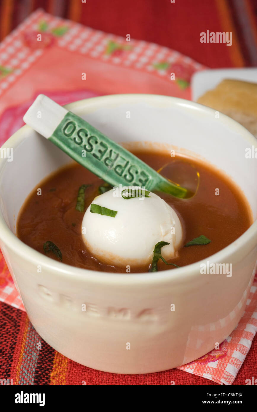 Tomato soup with green peppercorns and buffalo mozzarella Stock Photo