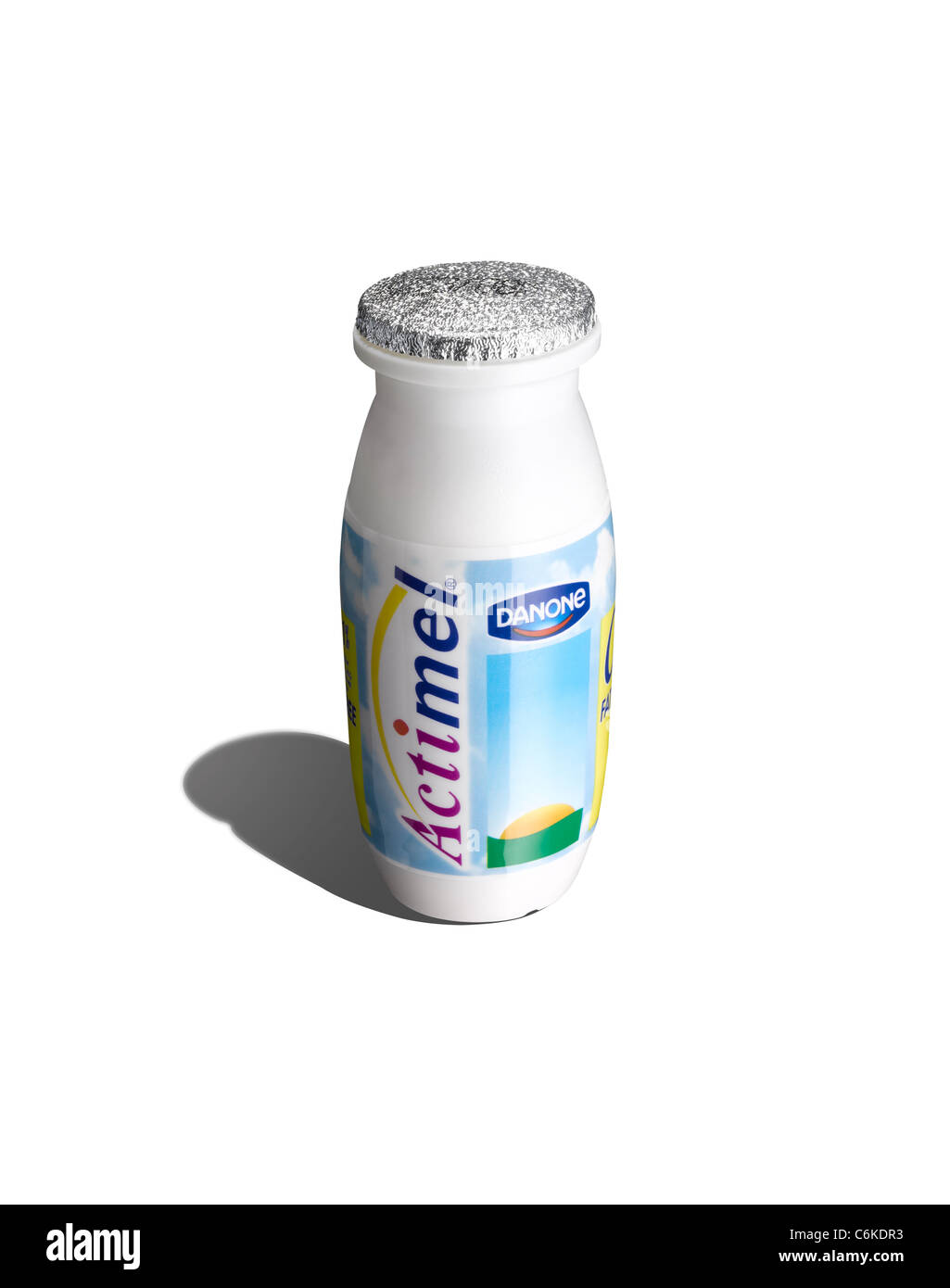 A cut out of a bottle of Actimel Probiotic health drink Stock Photo