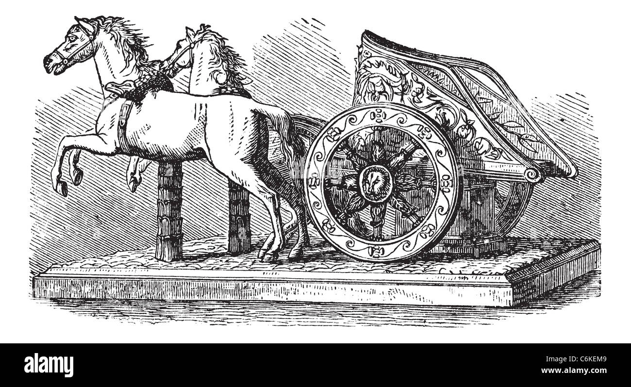 Roman Chariot, vintage engraving. Old engraved illustration of a Roman Chariot pulled by two horses. Stock Photo