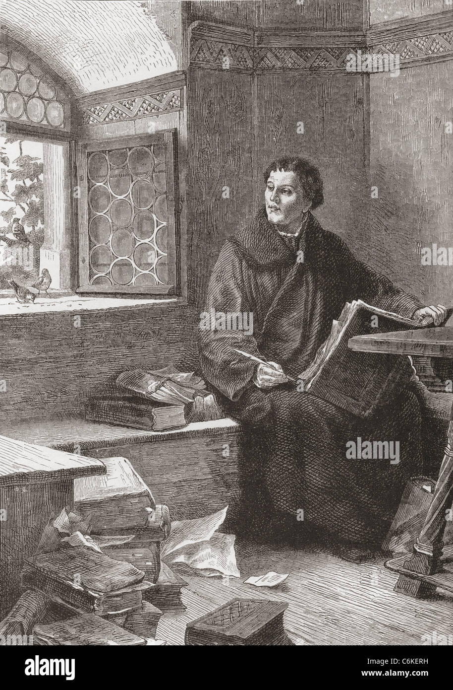 Martin Luther translating the bible at Wartburg Castle, Germany in 1521. Martin Luther, 1483 – 1546. Stock Photo