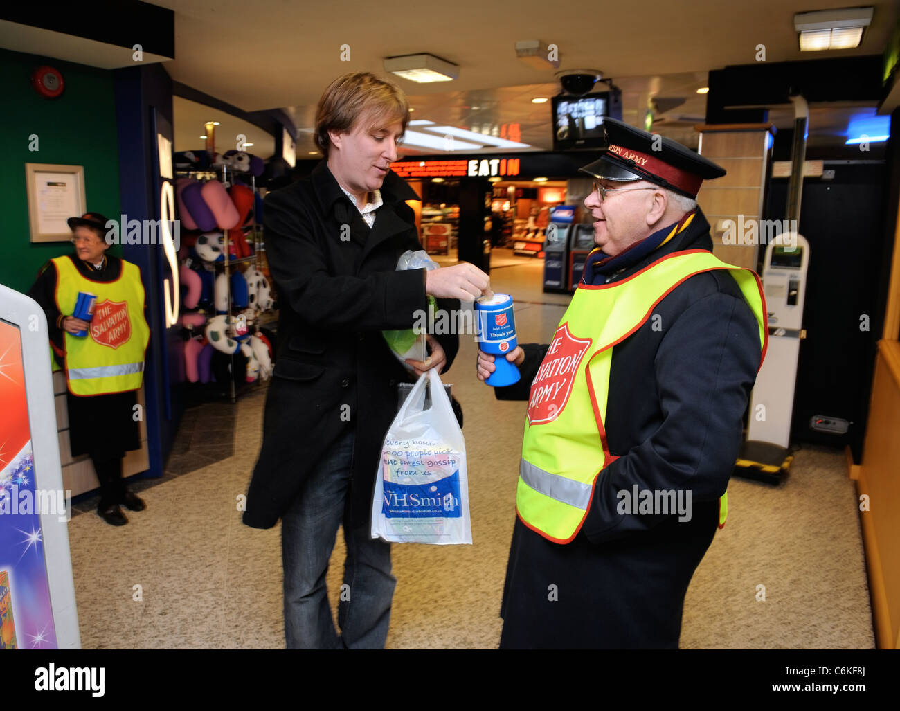 The Salvation Army collecting at a motorway service station Dec 2008 UK Stock Photo