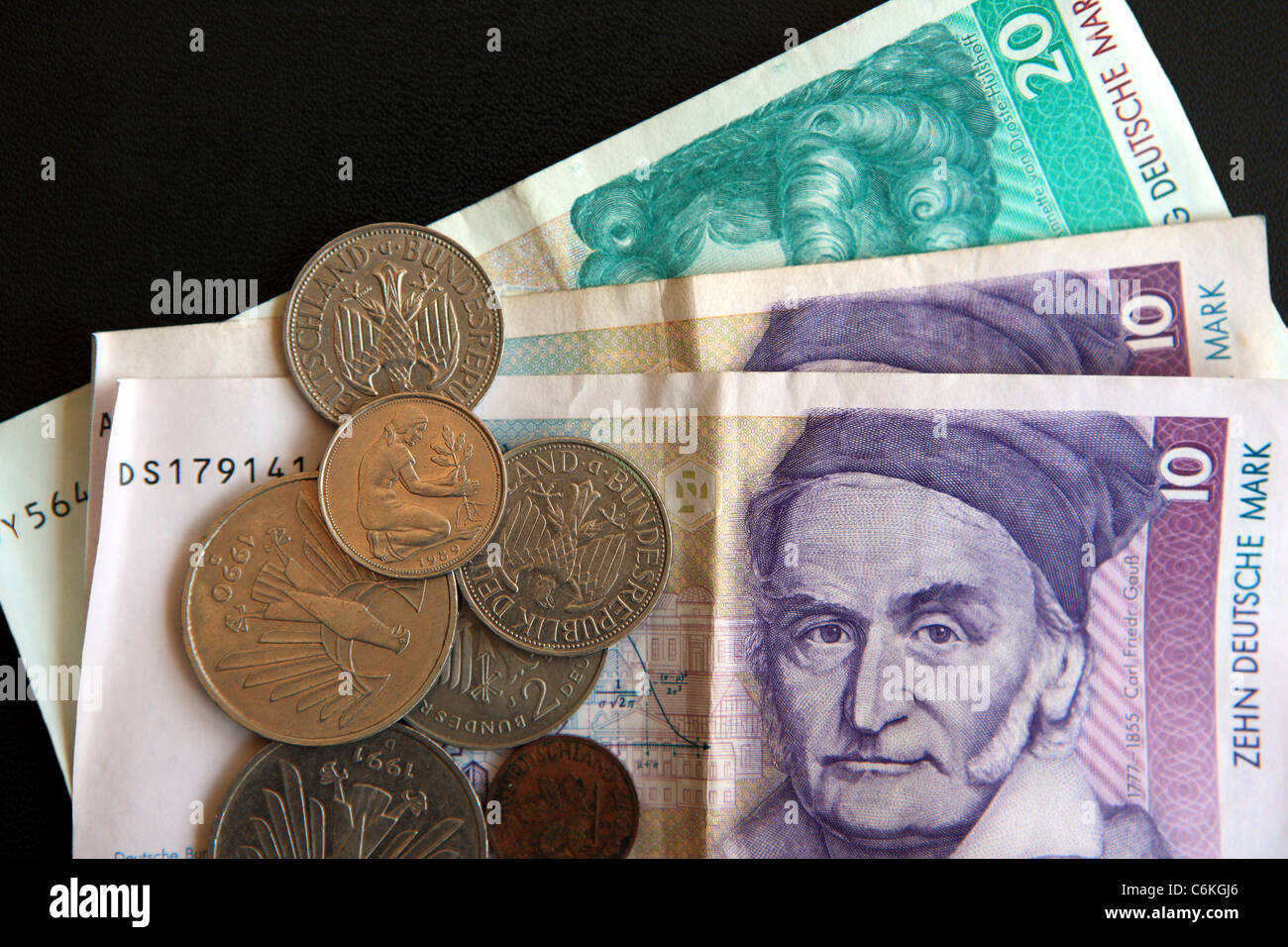 German Deutsche Mark notes and Pfennig coins Stock Photo