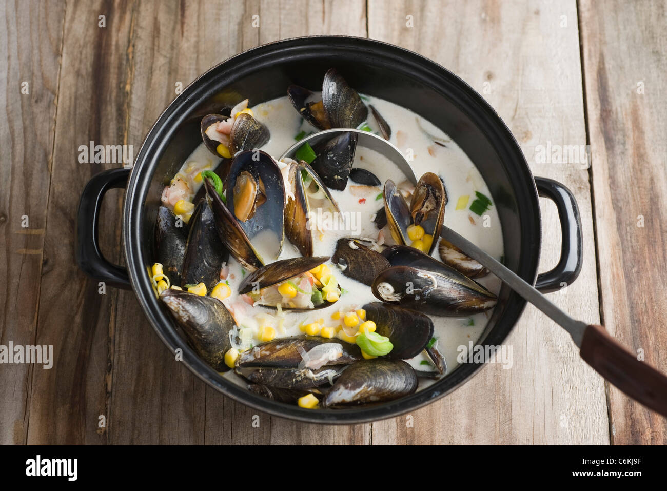 Sweetcorn and mussel chowder Stock Photo