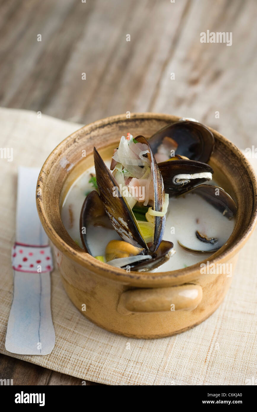 Sweetcorn and mussel chowder Stock Photo