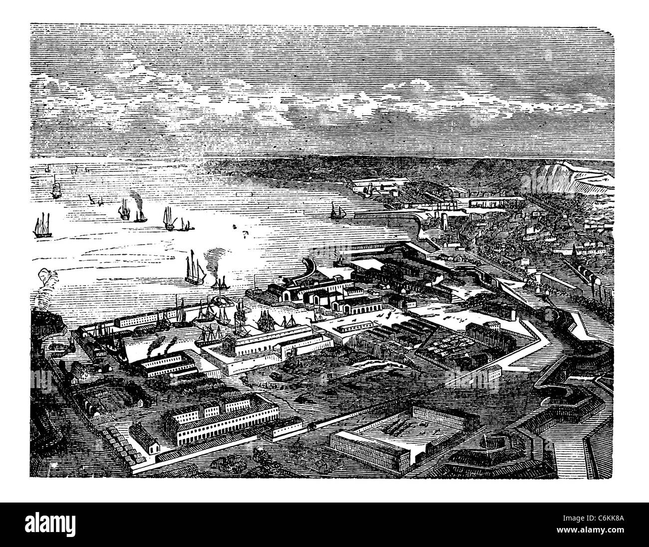 Cherbourg-Octeville, in Normandy, France, during the 1890s, vintage engraving. Old engraved illustration of Cherbourg-Octeville. Stock Photo