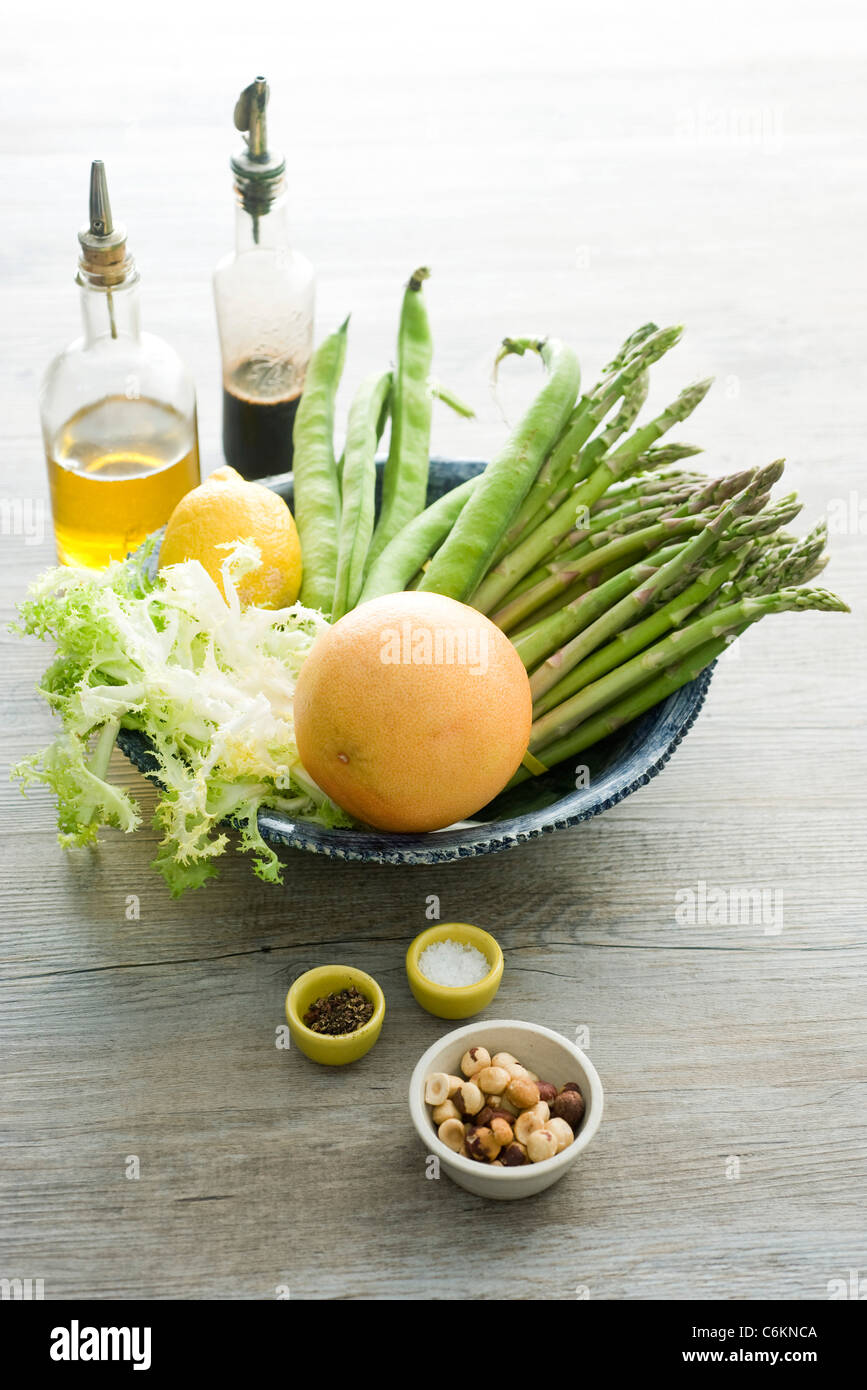 Asparagus salad with beans and pink grapefruit Stock Photo